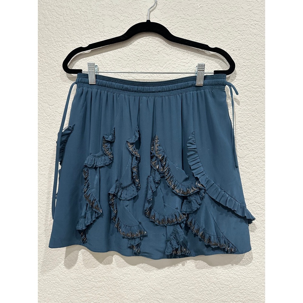 Rebecca Taylor Silk Ruffle Mini‎ Skirt Teal Blue Beaded Trim Elastic Waist